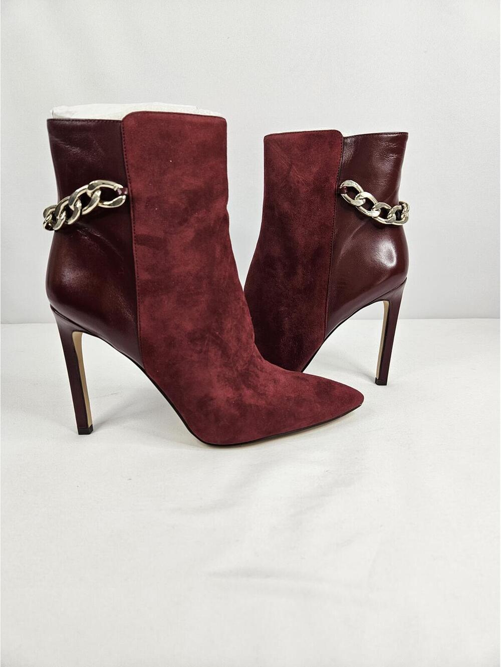 Nine West Wine Red Suede and Leather Ankle Boots with Chain Accent, Size 7.5